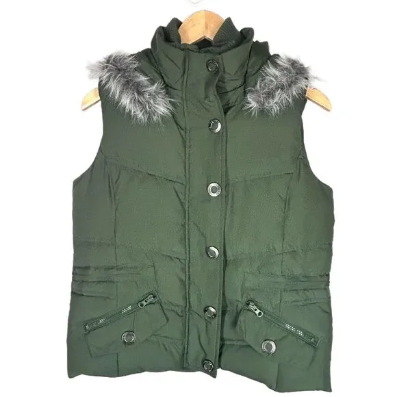 Fun DOWN Puffer VEST Maurices M with Faux Fur on Removable Hood Olive Green - Picture 2 of 13